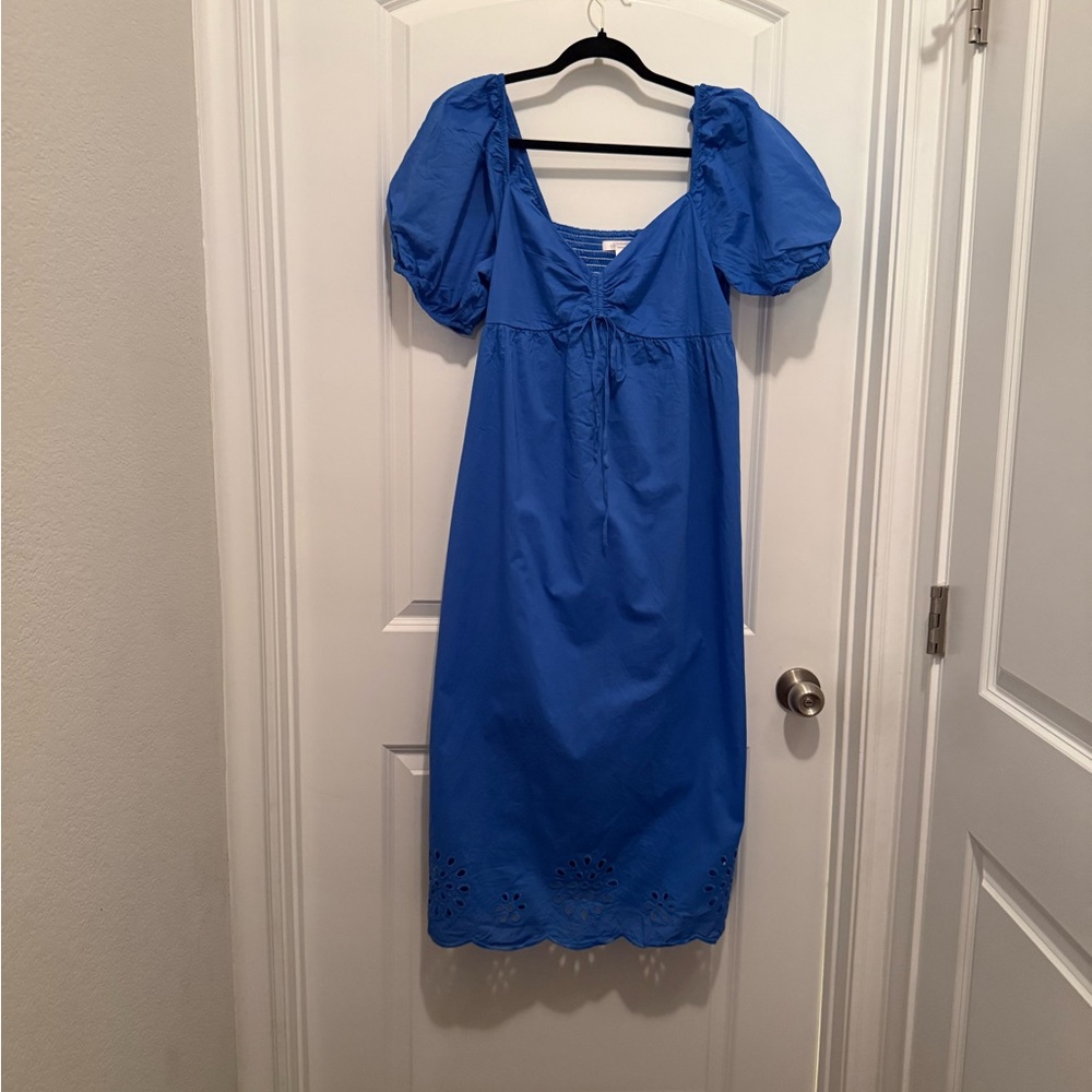 Lauren Conrad Dress XL Cobal Blue Babydoll Cotton Puff Sleeves Midi Cutout Boho